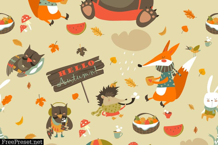 Autumn forest seamless pattern with cute animals 9BYMV4