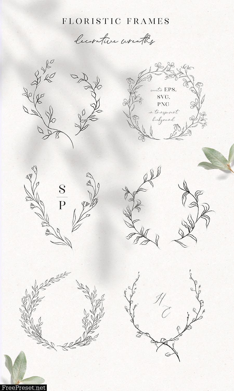 Line Drawn Floral Wreaths, Sprigs, botanicals C4NN9SS