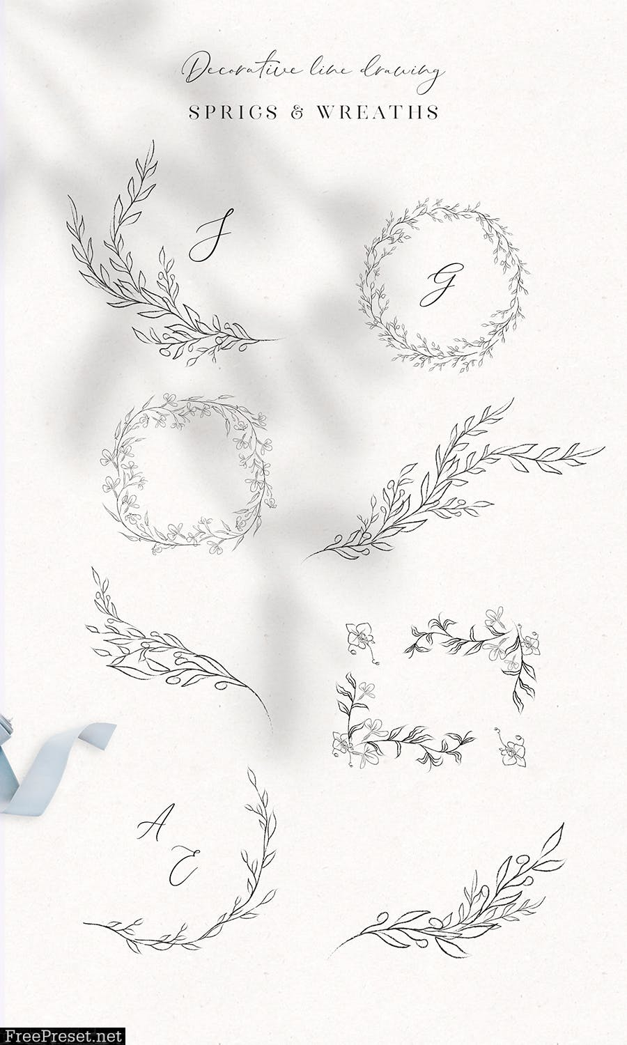 Line Drawn Floral Wreaths, Sprigs, botanicals C4NN9SS