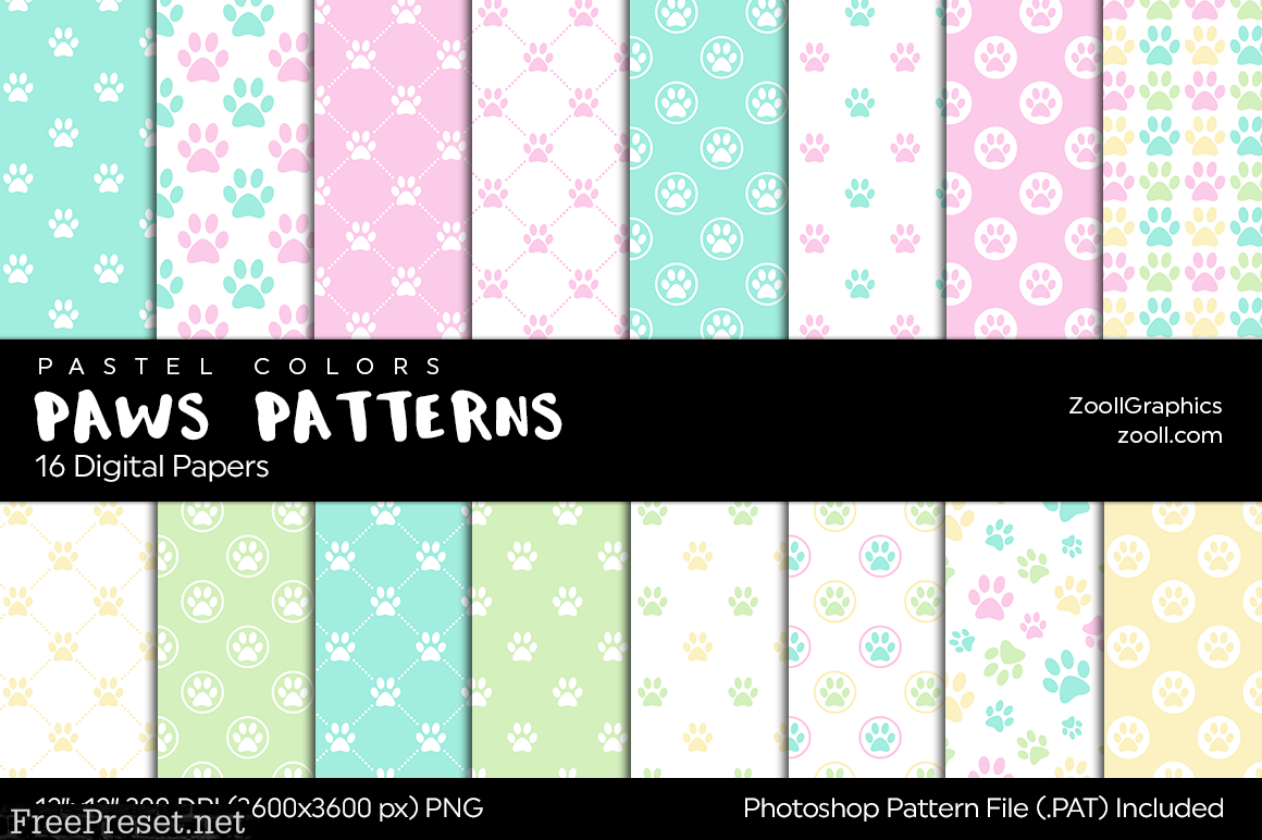 Paws Patterns Pastel Digital Papers