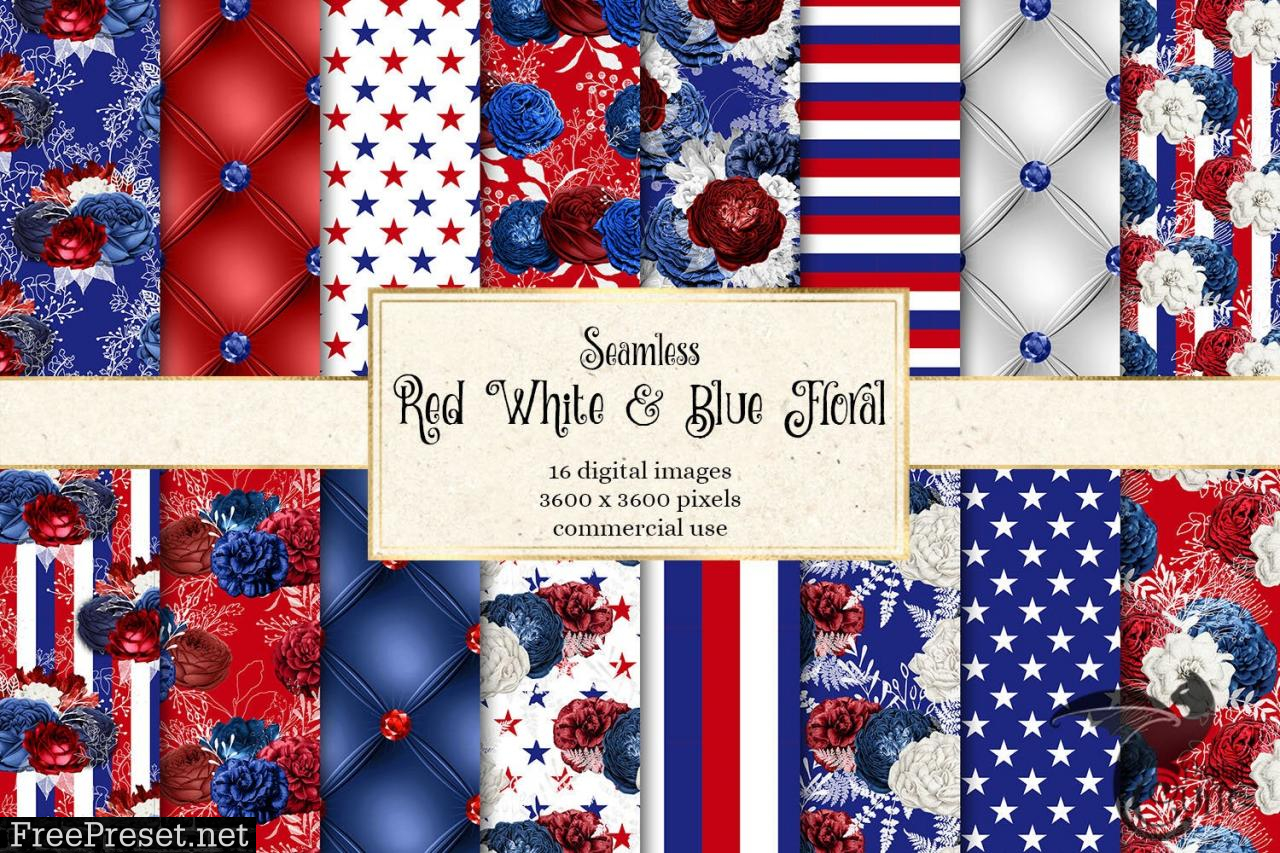 Red White and Blue Floral Digital Paper