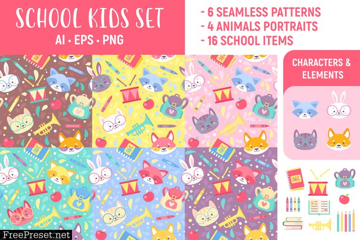 School Kids Set: Seamless Patterns & Elements Y96JQG