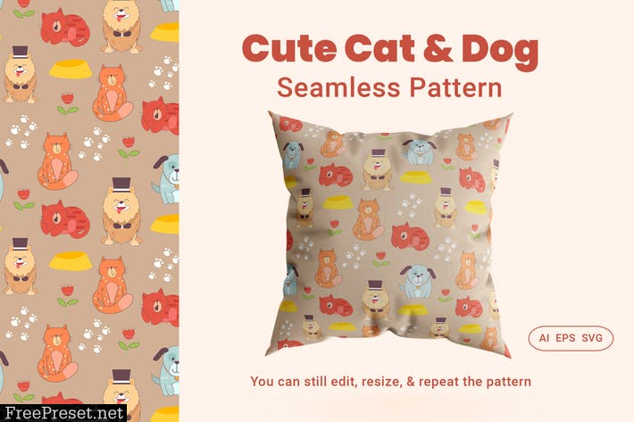 Seamless Pattern Cute Cat & Dog Animal AGNX9PP