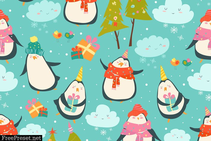 Seamless pattern with cute penguins and christmas L726FR