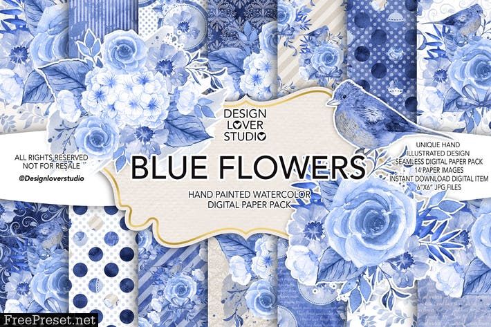 Watercolor BLUE FLOWERS digital paper pack PLBZ6K