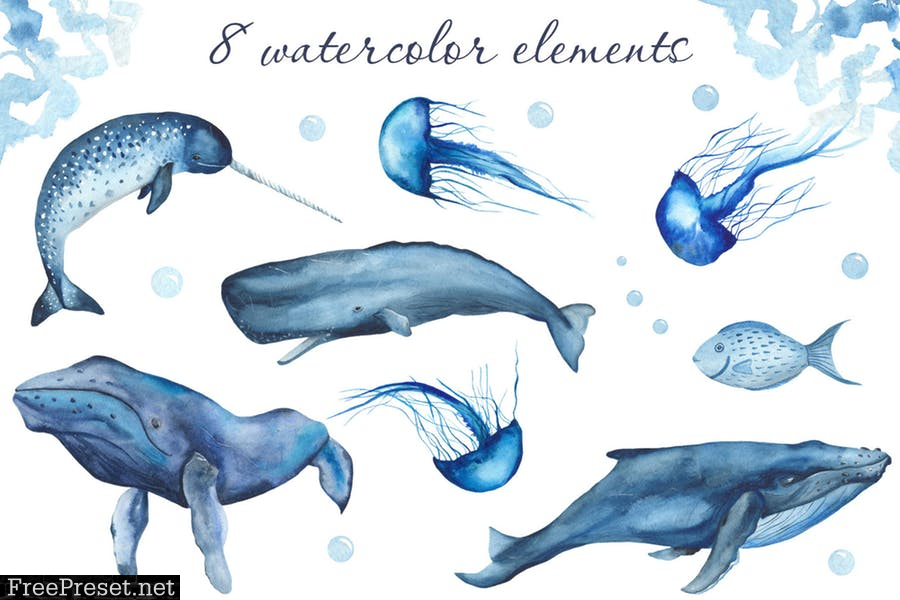 Watercolor Blue Ocean Mammals R5KTUJ9