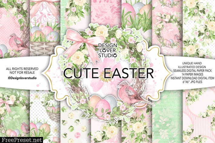 Watercolor Cute easter digital paper pack 1 CU3NFP