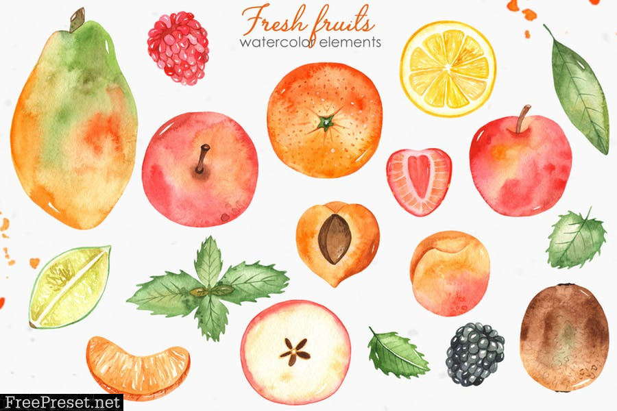 Watercolor fruits and berries Clipart JKJKTNU