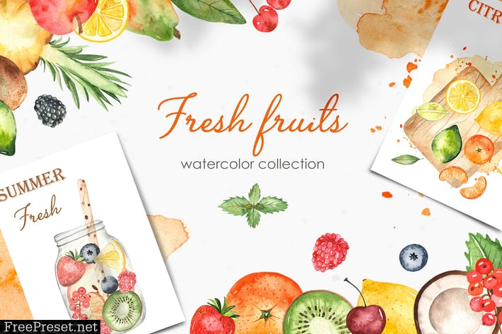 Watercolor fruits and berries Clipart JKJKTNU