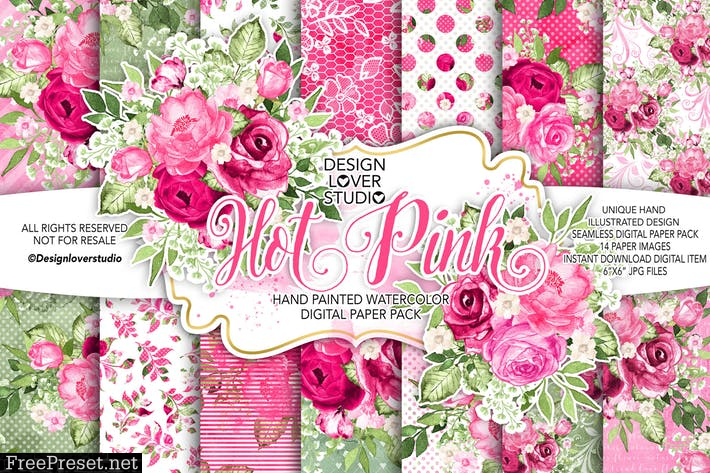 Watercolor HOT PINK digital paper pack STGL9H