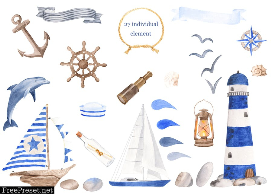 Watercolor Nautical. Clipart and seamless patterns 4XFT23Q