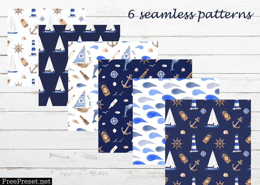 Watercolor Nautical. Clipart and seamless patterns 4XFT23Q