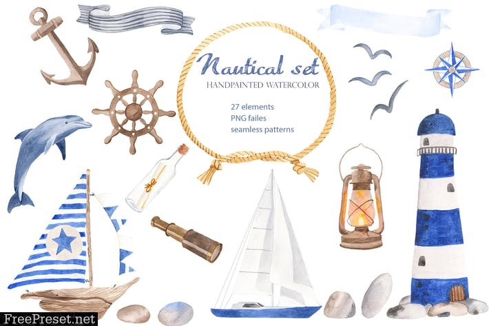 Watercolor Nautical. Clipart and seamless patterns 4XFT23Q