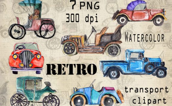 Watercolor Set of Retro Cars