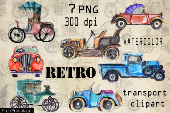 Watercolor Set of Retro Cars