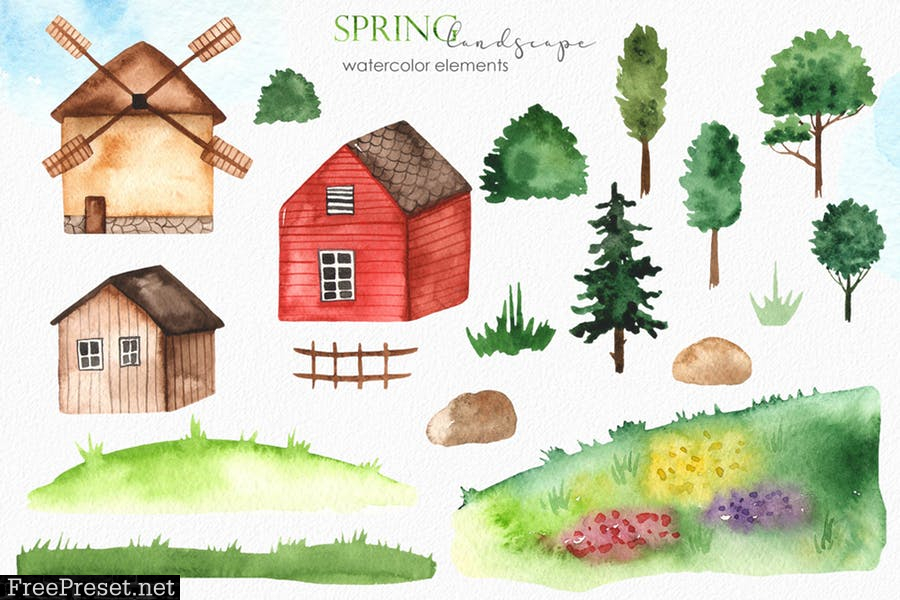 Watercolor spring landscape Clipart DH5KY8J