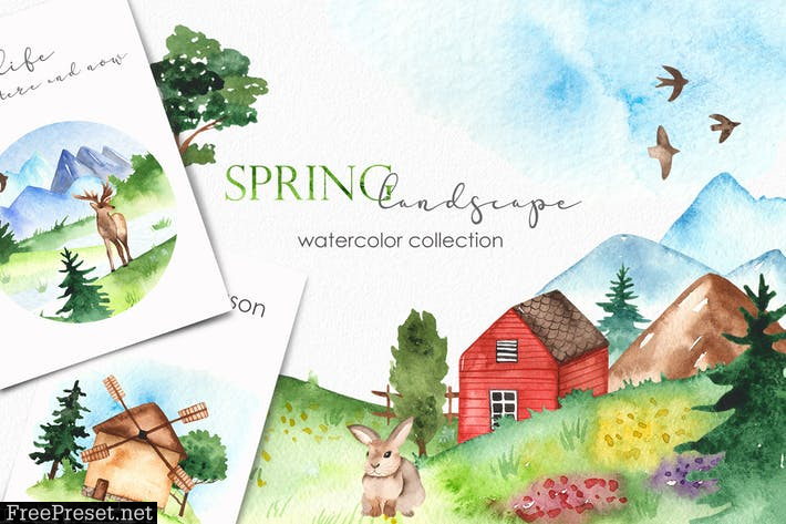 Watercolor spring landscape Clipart DH5KY8J