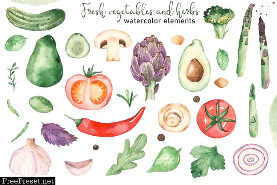 Watercolor vegetables and herbs Collection clipart AH4VFG6