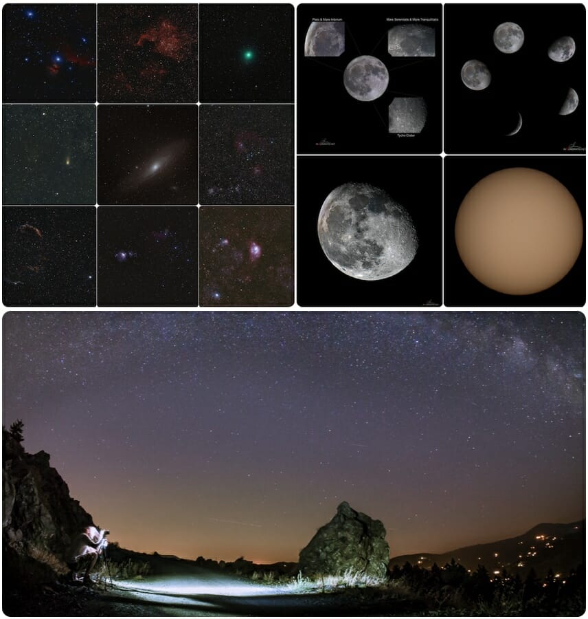 A range astrophotography images including shots of the Moon, the Sun, star clusters, nebulae and the Milky Way