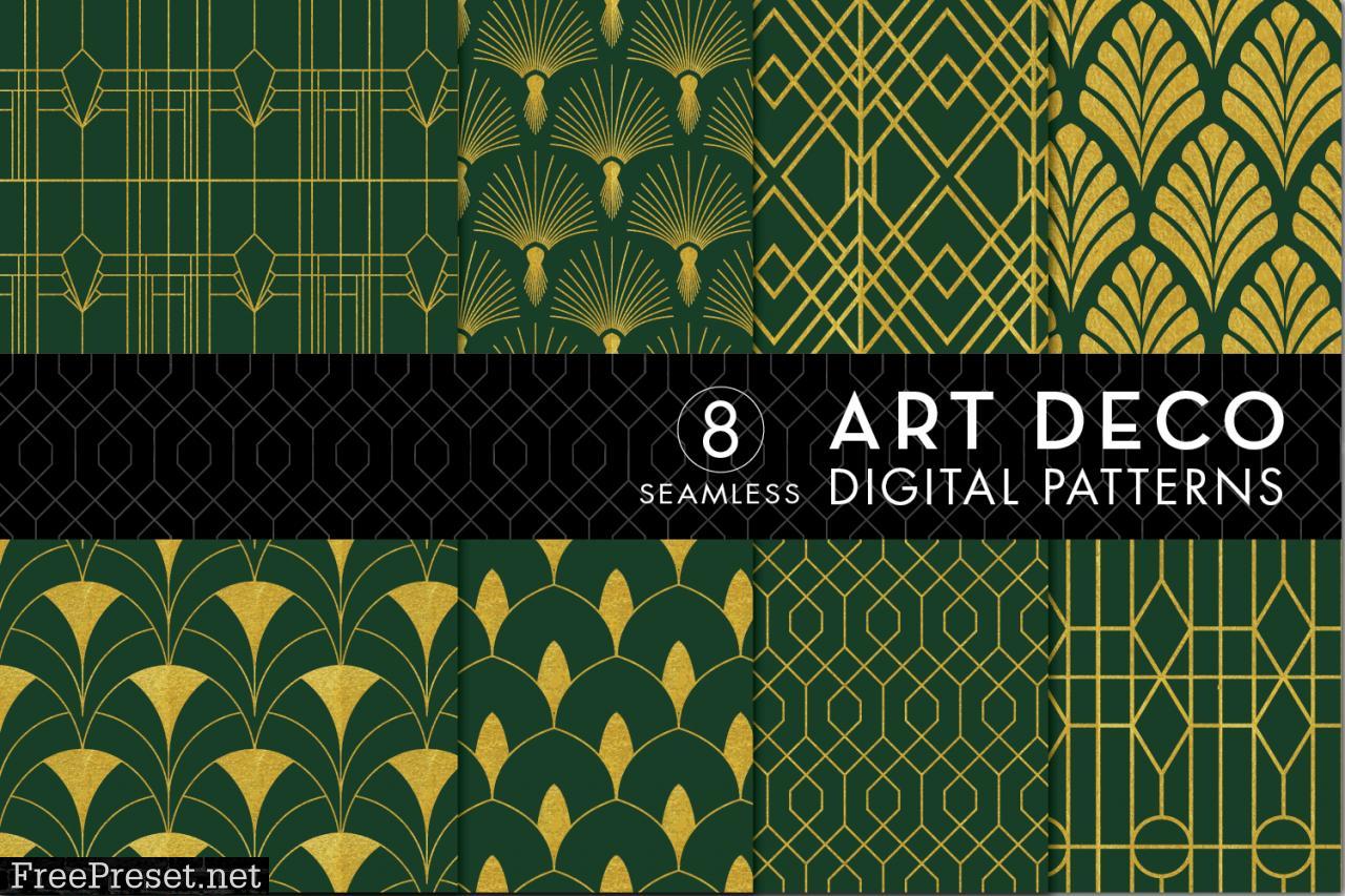 8 Art Deco Patterns - Green & Gold Set 1