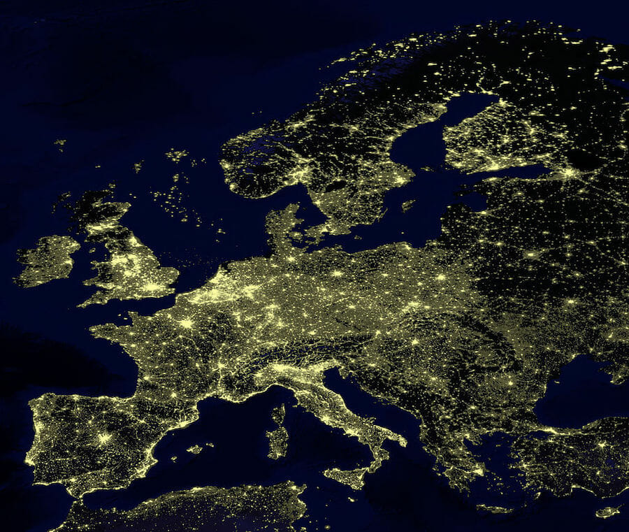 A night aerial view of light pollution across Europe