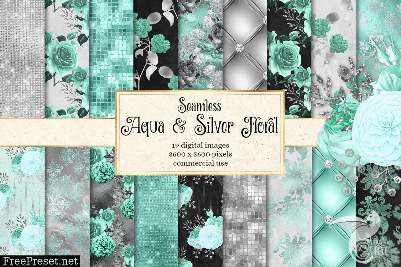 Aqua and Silver Floral Digital Paper