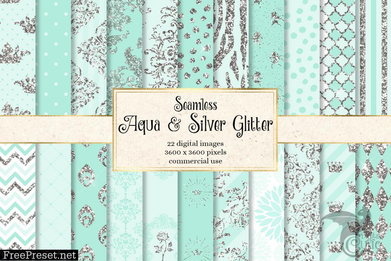 Aqua and Silver Glitter Digital Paper