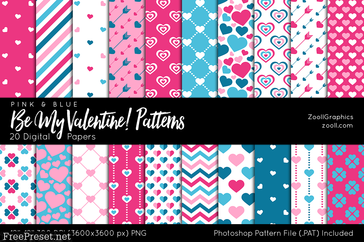 Be My Valentine Pink Blue Digital Papers