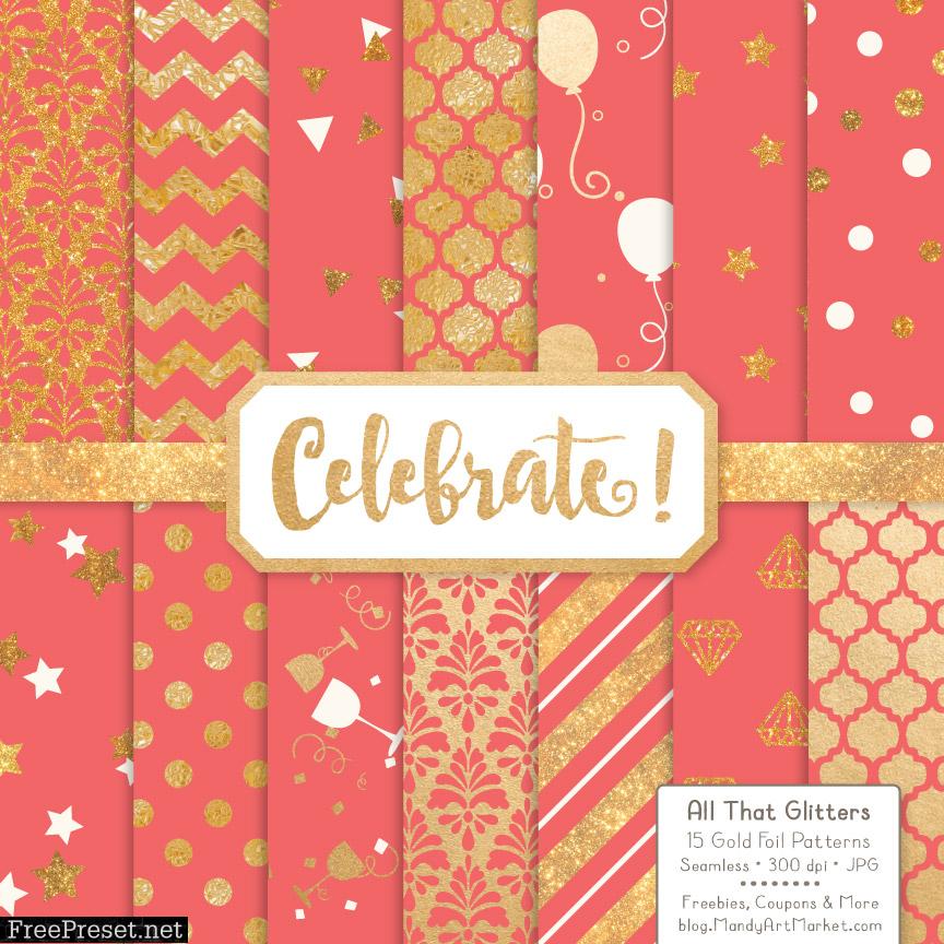 Coral Celebrate Gold Digital Paper Set