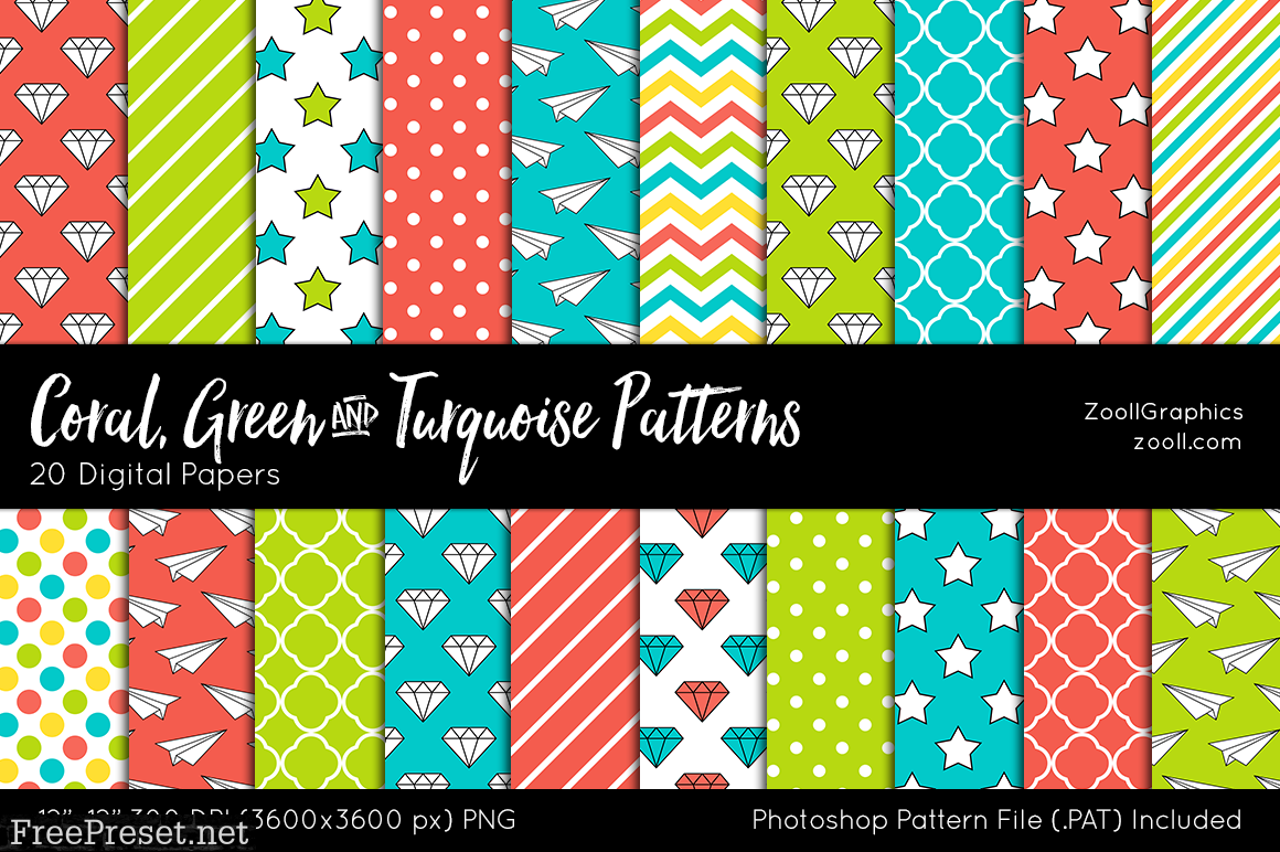 Coral, Green & Turquoise Digital Papers