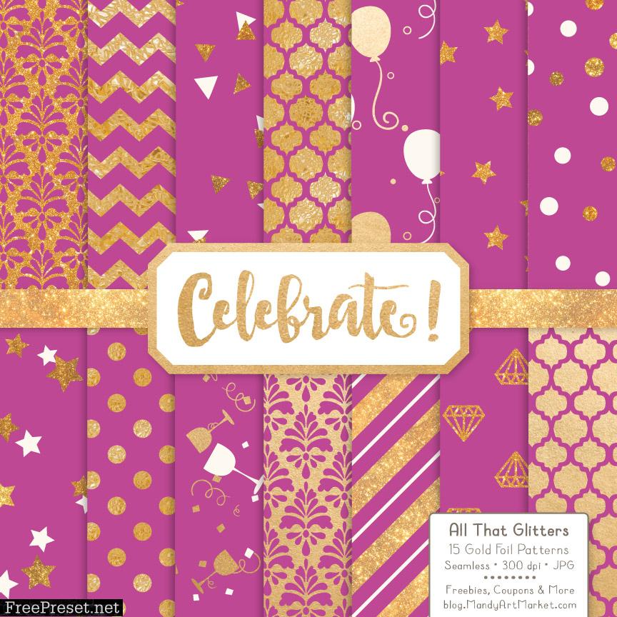 Fuchsia Celebrate Gold Digital Paper Set