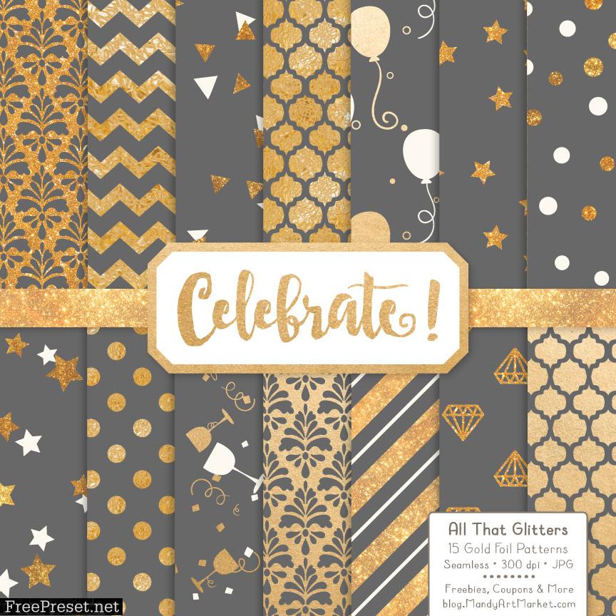 Grey Celebrate Gold Digital Paper Set