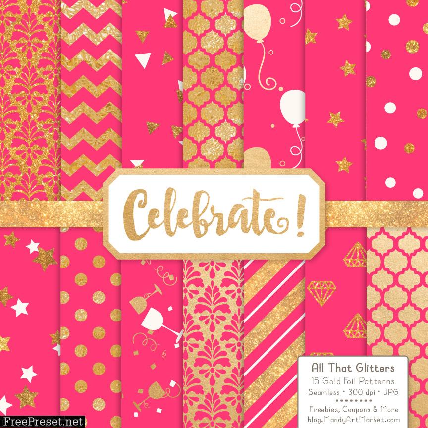 Hot Pink Celebrate Gold Digital Paper Set