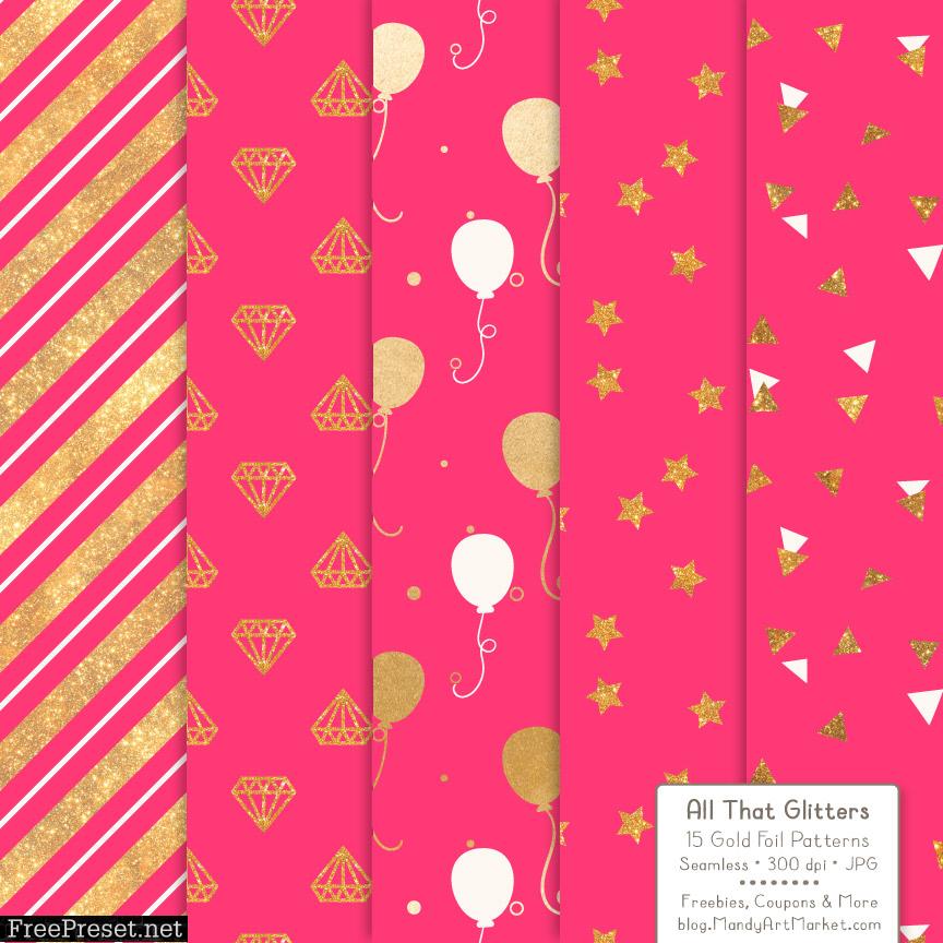 Hot Pink Celebrate Gold Digital Paper Set