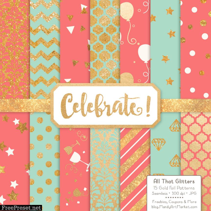 Mint Coral Celebrate Gold Digital Paper Set