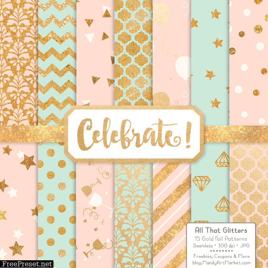 Mint Peach Celebrate Gold Digital Paper Set