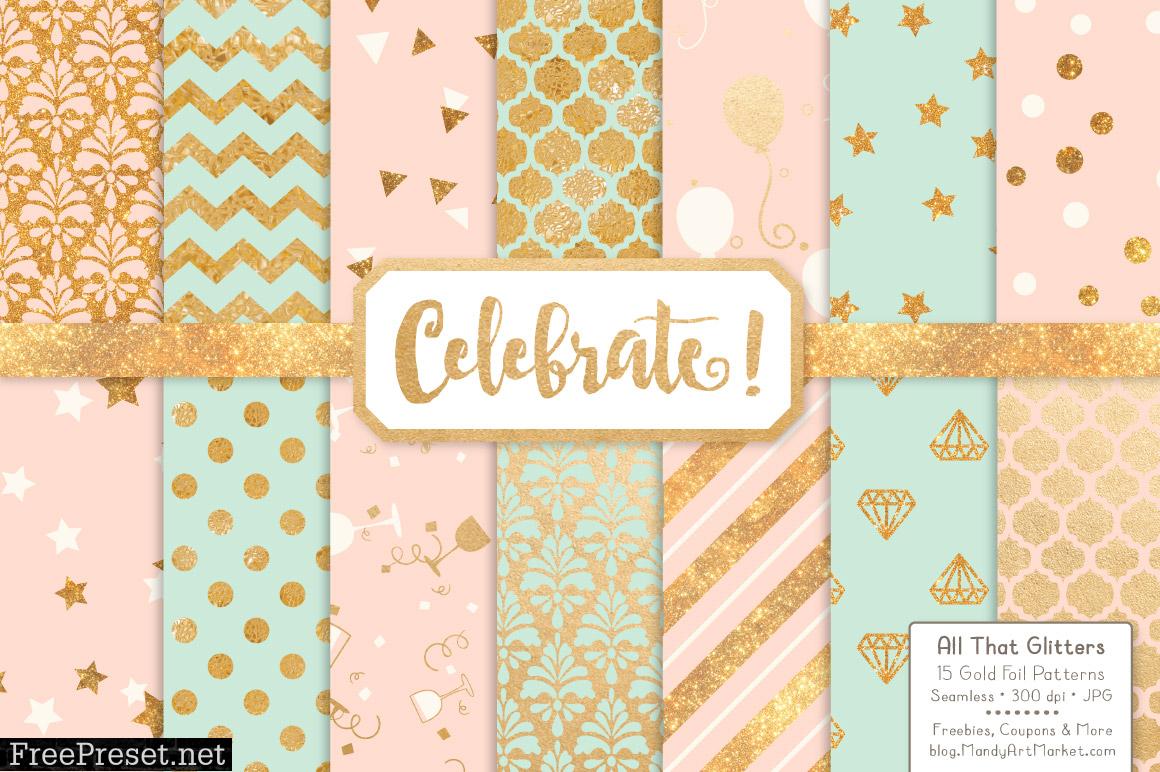 Mint Peach Celebrate Gold Digital Paper Set