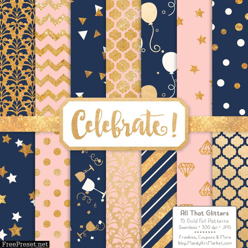 Navy Blush Celebrate Gold Digital Paper Set