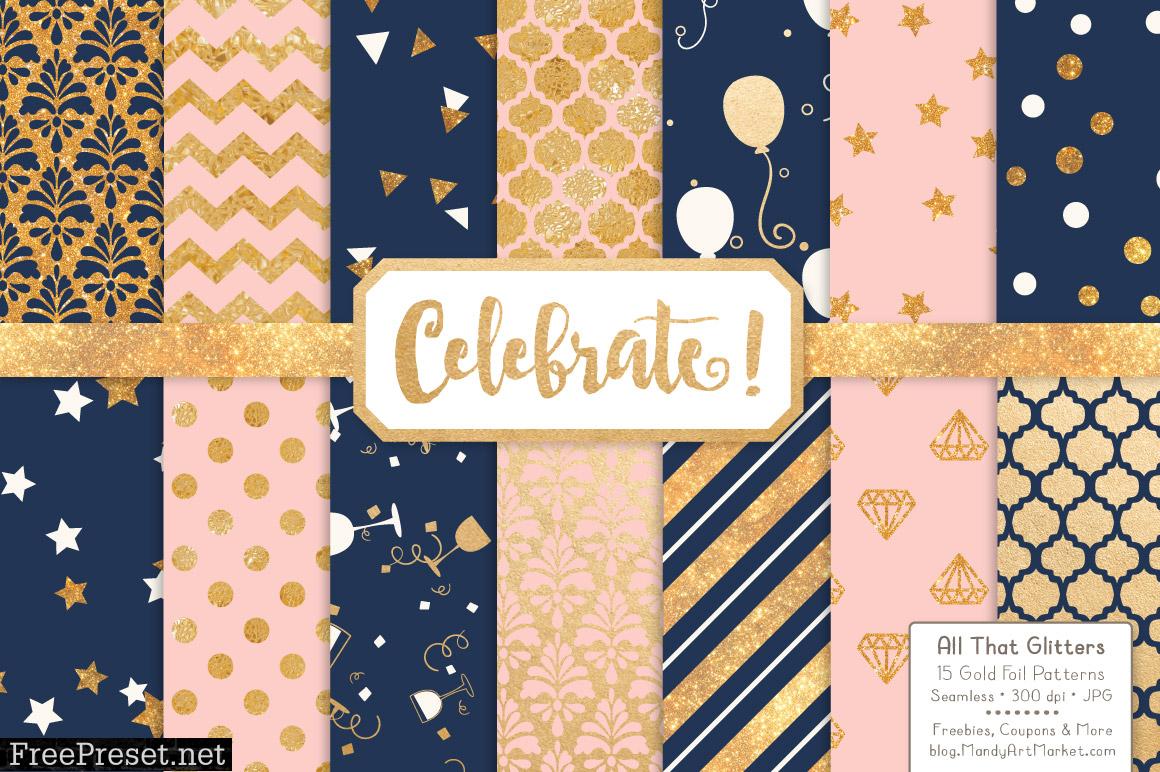 Navy Blush Celebrate Gold Digital Paper Set