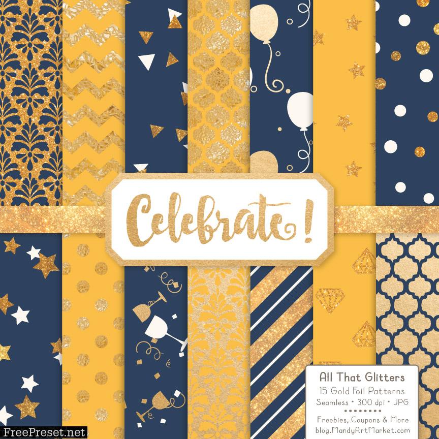 Navy Lemon Celebrate Gold Digital Paper Set