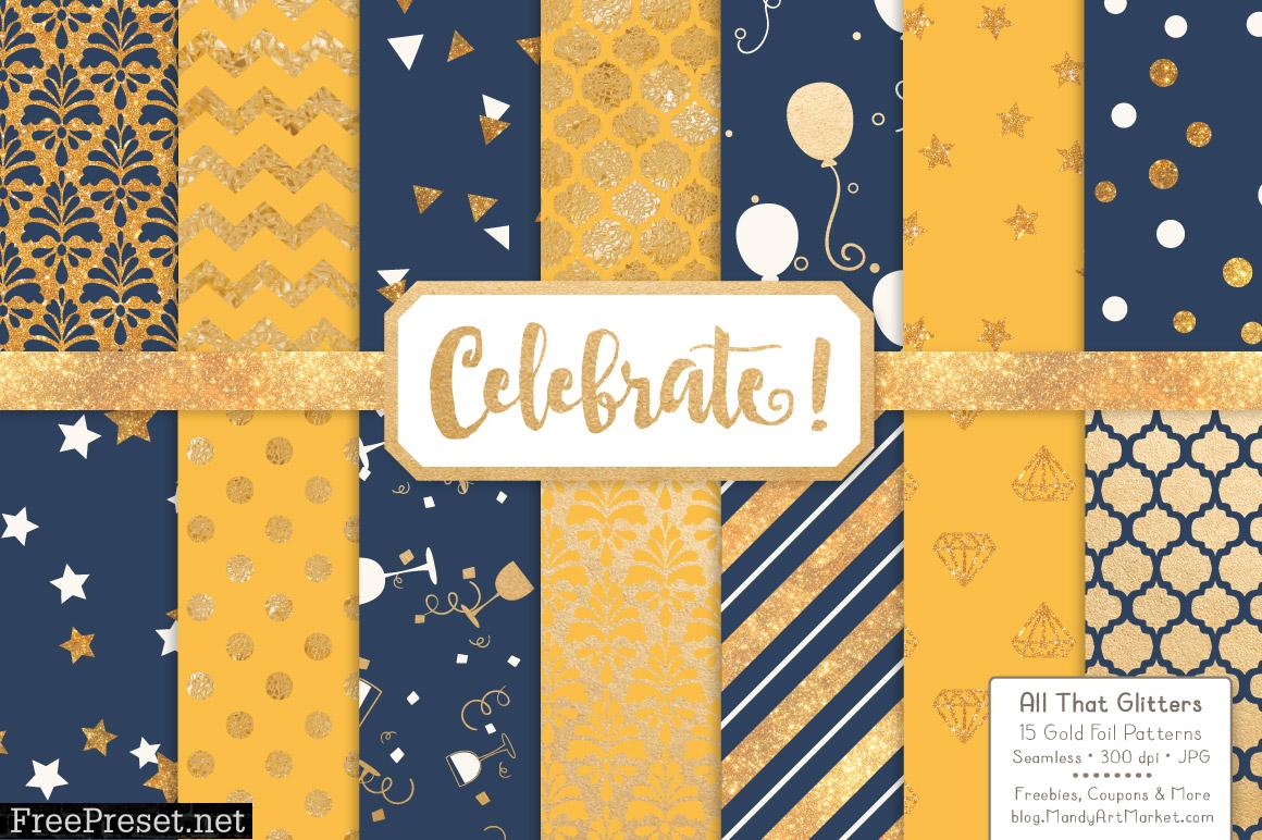 Navy Lemon Celebrate Gold Digital Paper Set