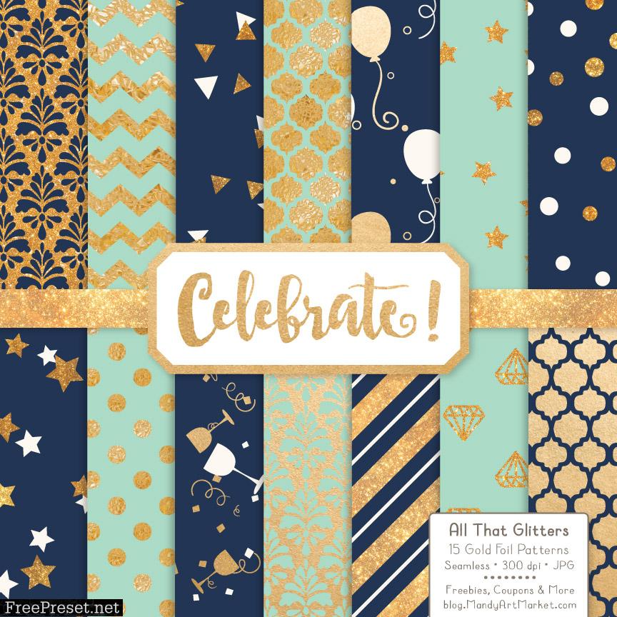 Navy Mint Celebrate Gold Digital Paper Set