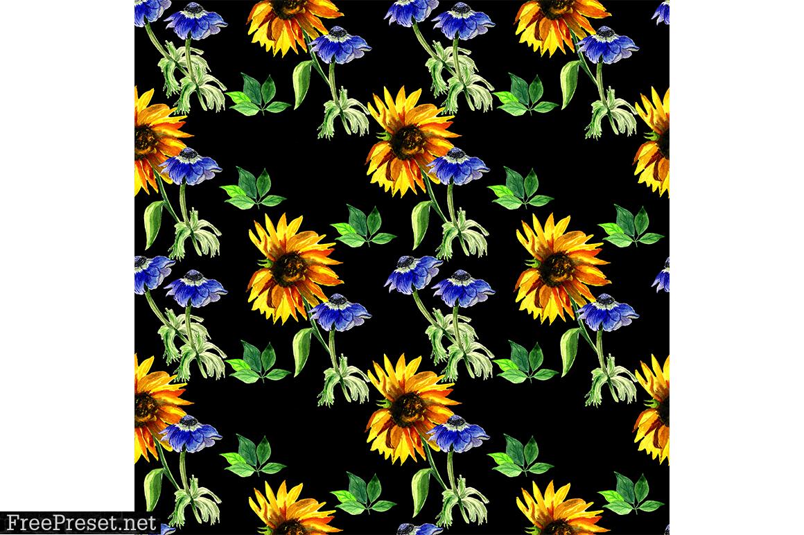 Pattern with Sunflower and Anemones