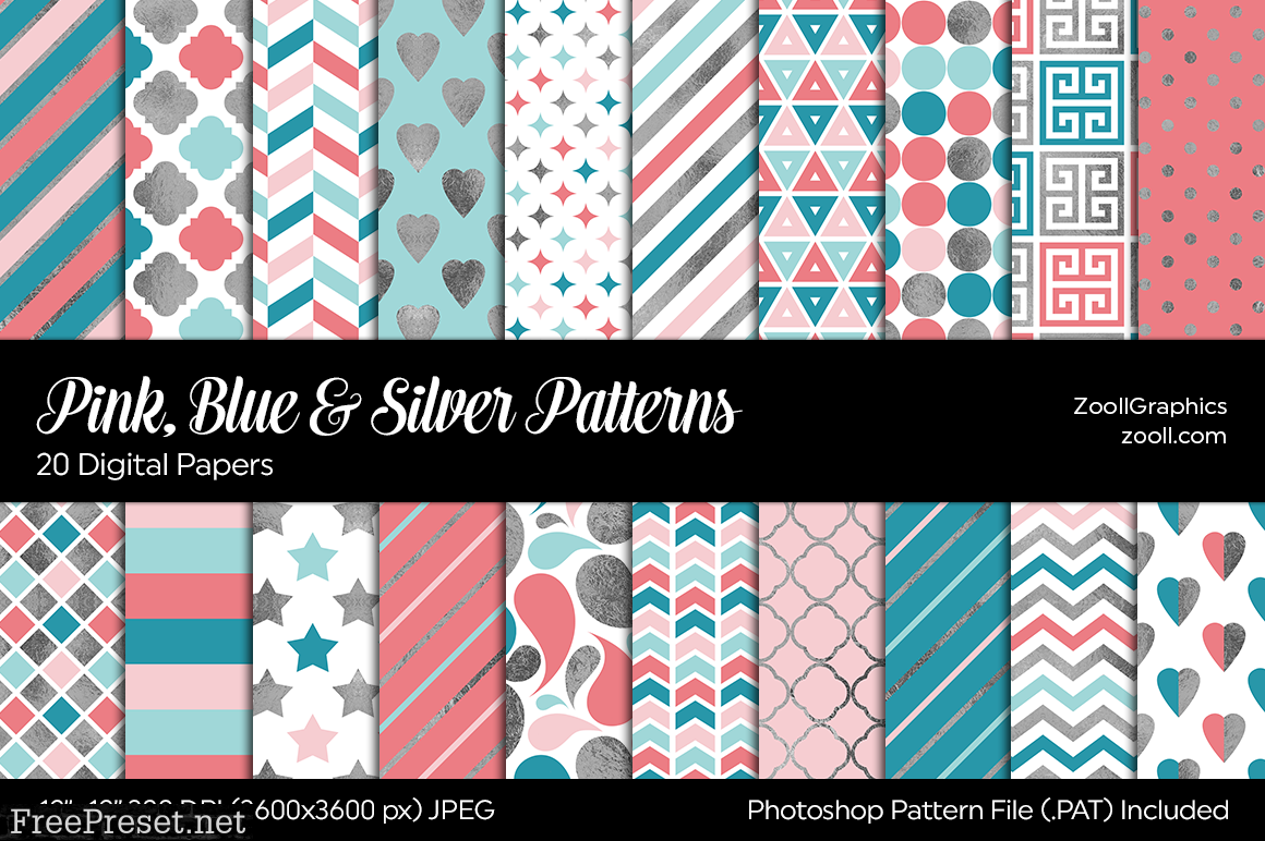 Pink, Blue, Silver Digital Papers