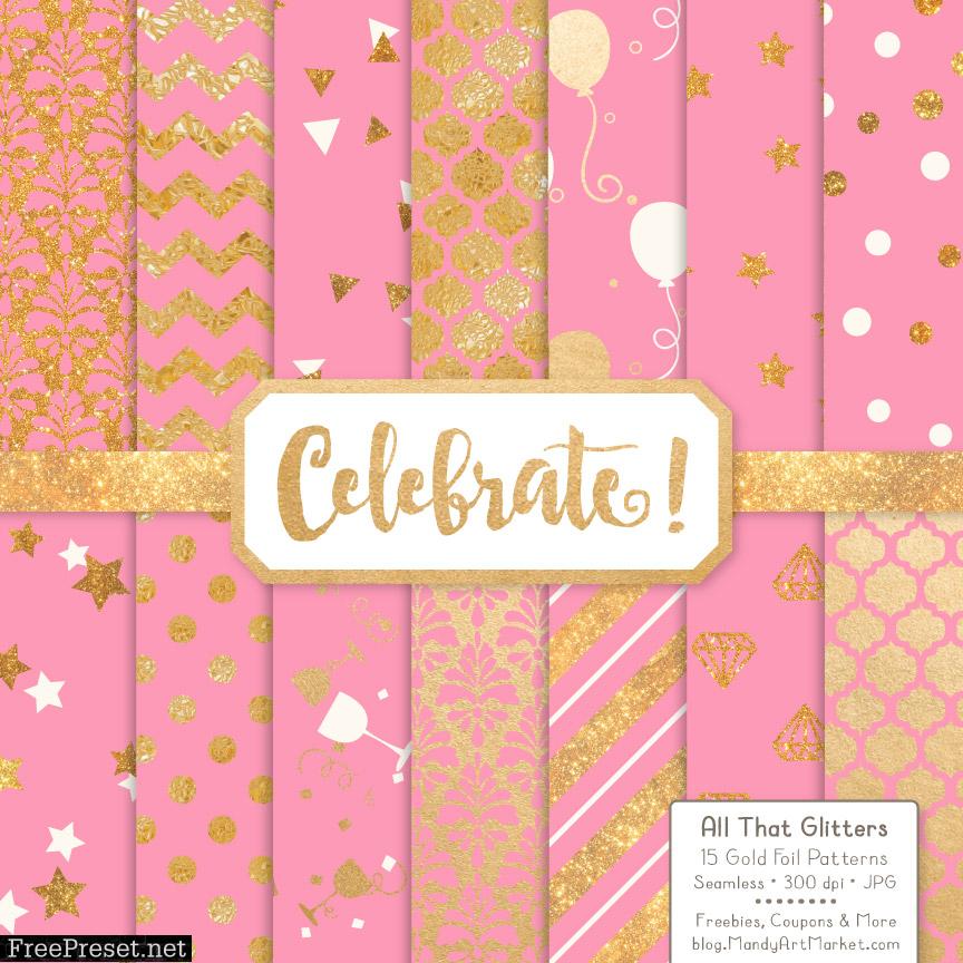 Pink Celebrate Gold Digital Paper Set