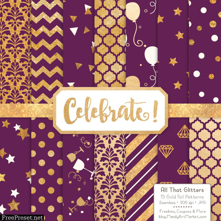 Plum Celebrate Gold Digital Paper Set