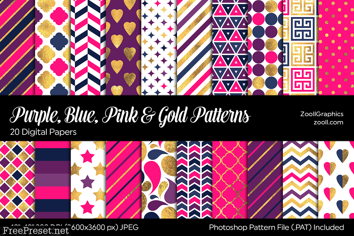 Purple, Blue, Pink, Gold Digital Papers