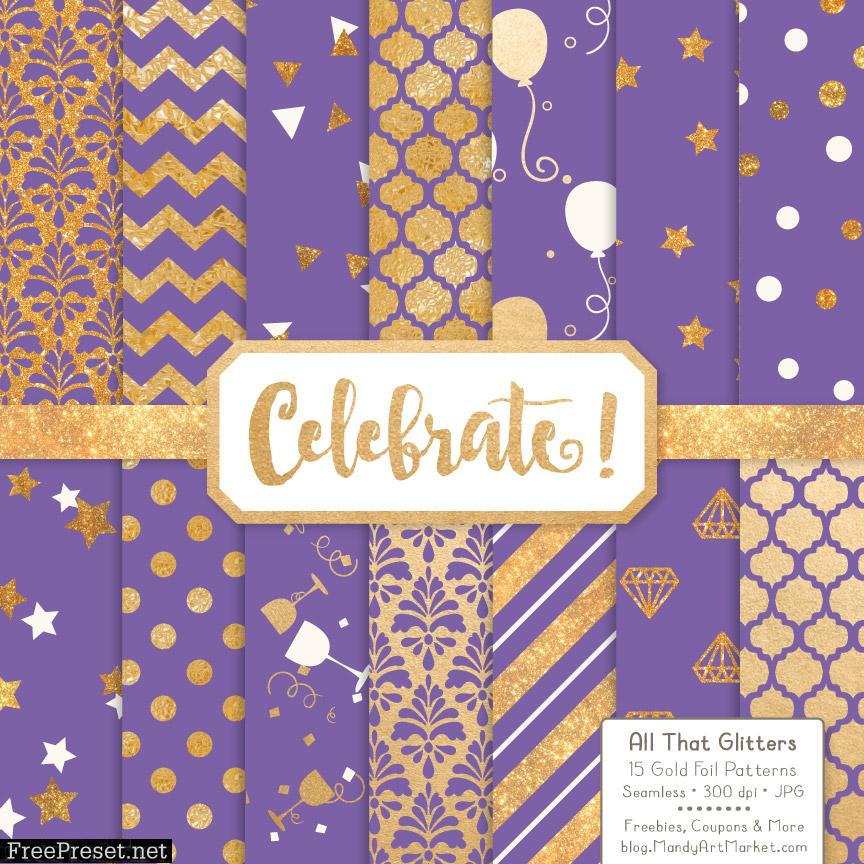 Purple Celebrate Gold Digital Paper Set