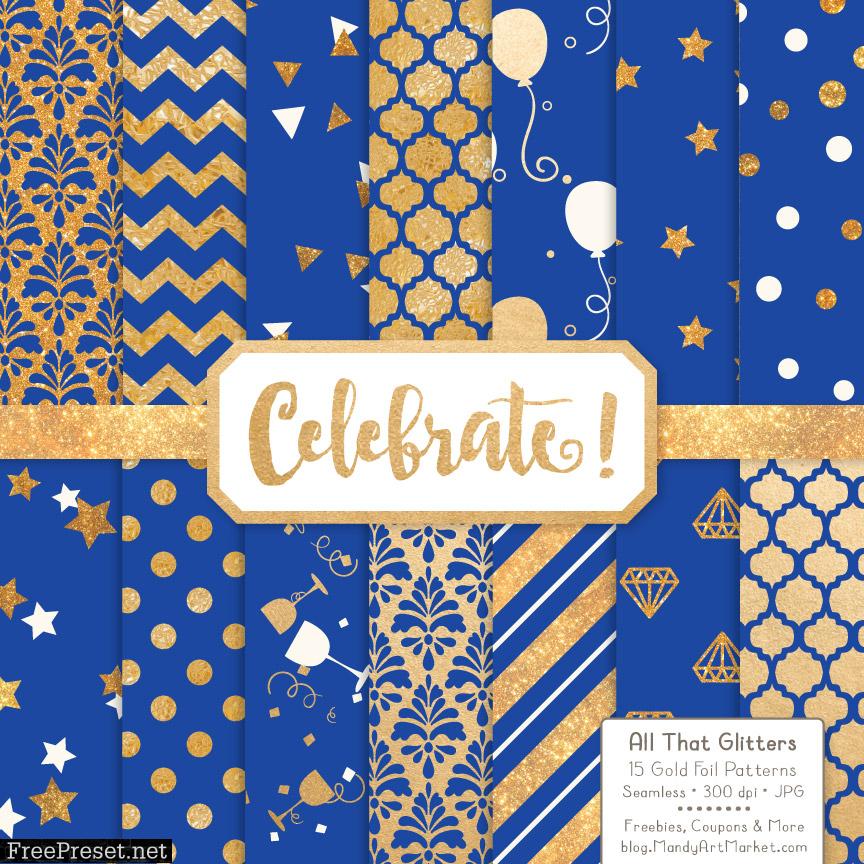 Royal Blue Celebrate Gold Digital Paper Set