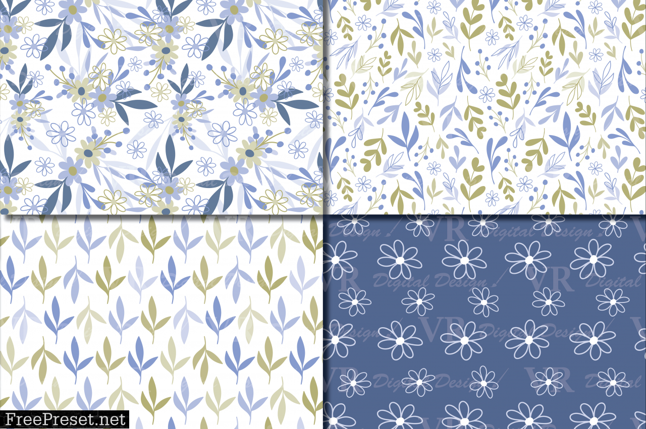 Seamless Blue and Green Hand Drawn Flowers and Leaves Digital Paper / Pastel Foliage Seamless Pattern